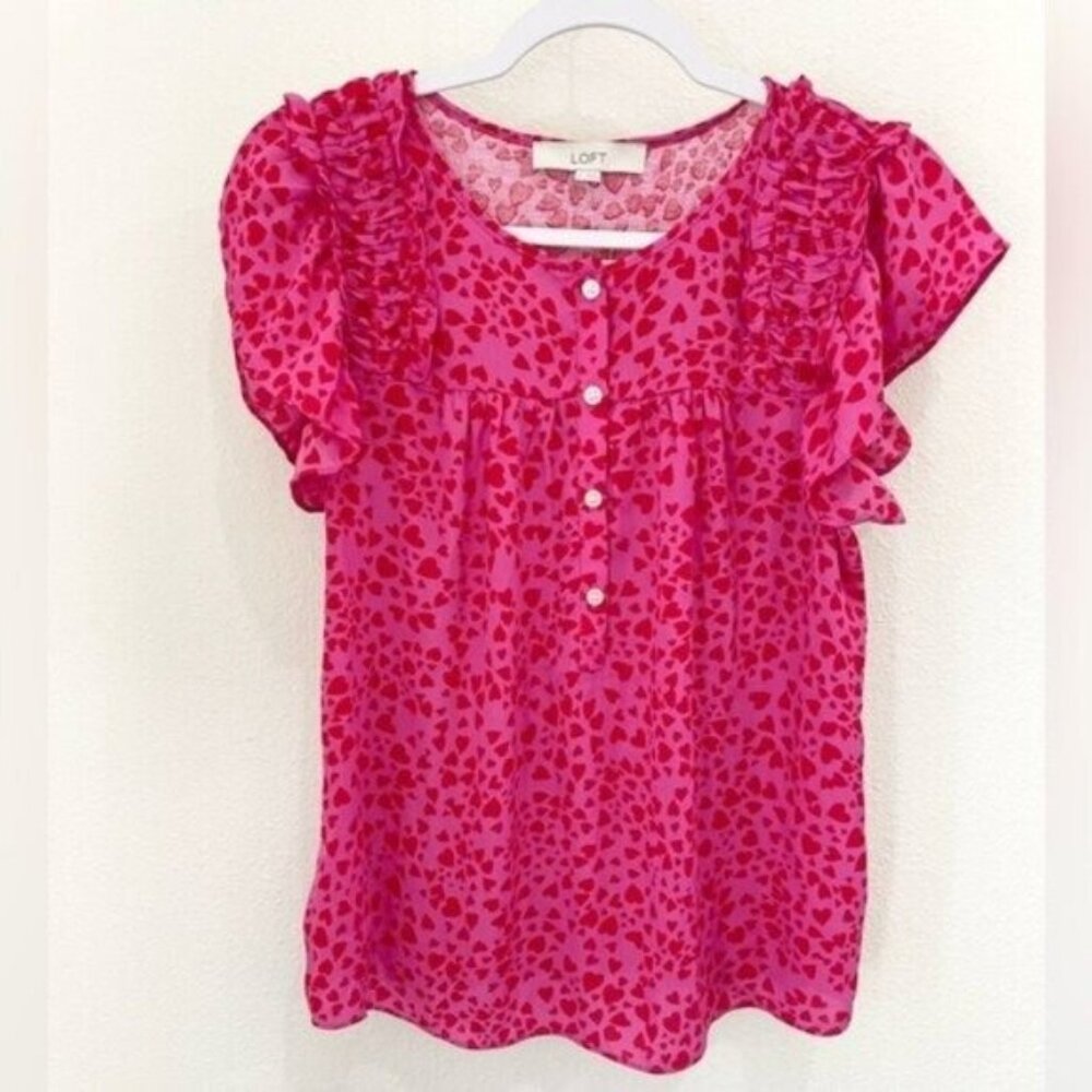 New Ann Taylor Hearts Ruffle Short Sleeve Casual Blouse Office Career Kitschy